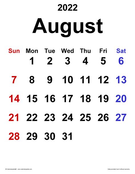 August 2022 Word Calendar